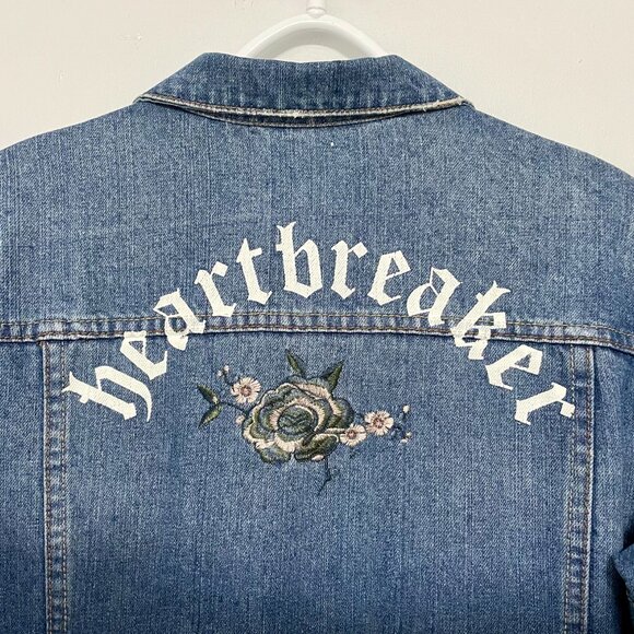 "Heartbreaker" Embroidered, Distressed Jean Jacket - Picture 9 of 12